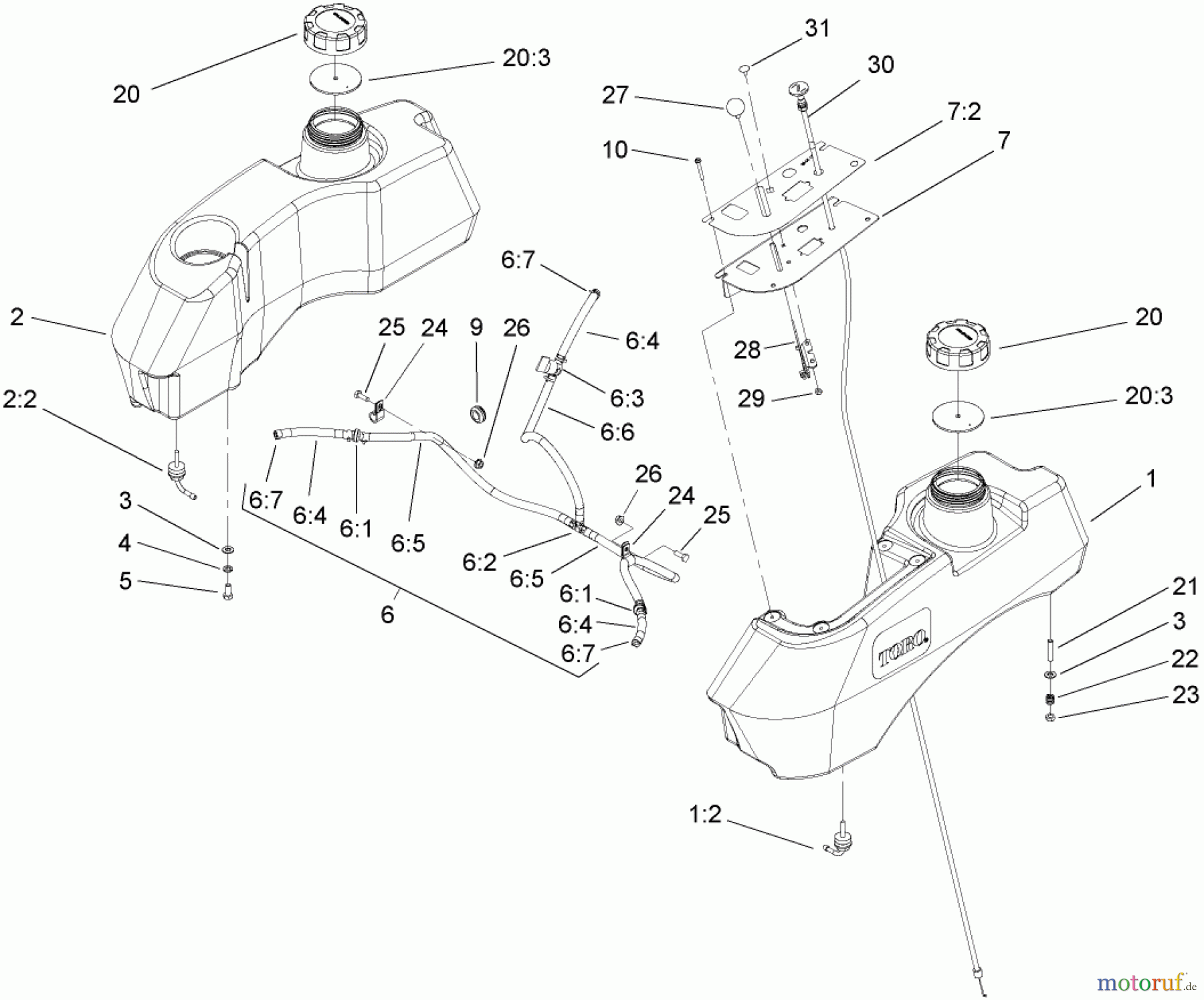  Zerto-Turn Mäher 74416TE (Z453) - Toro Z Master Mower, 132cm TURBO FORCE Side Discharge Deck (SN: 250000001 - 250005000) (2005) FUEL SYSTEM ASSEMBLY