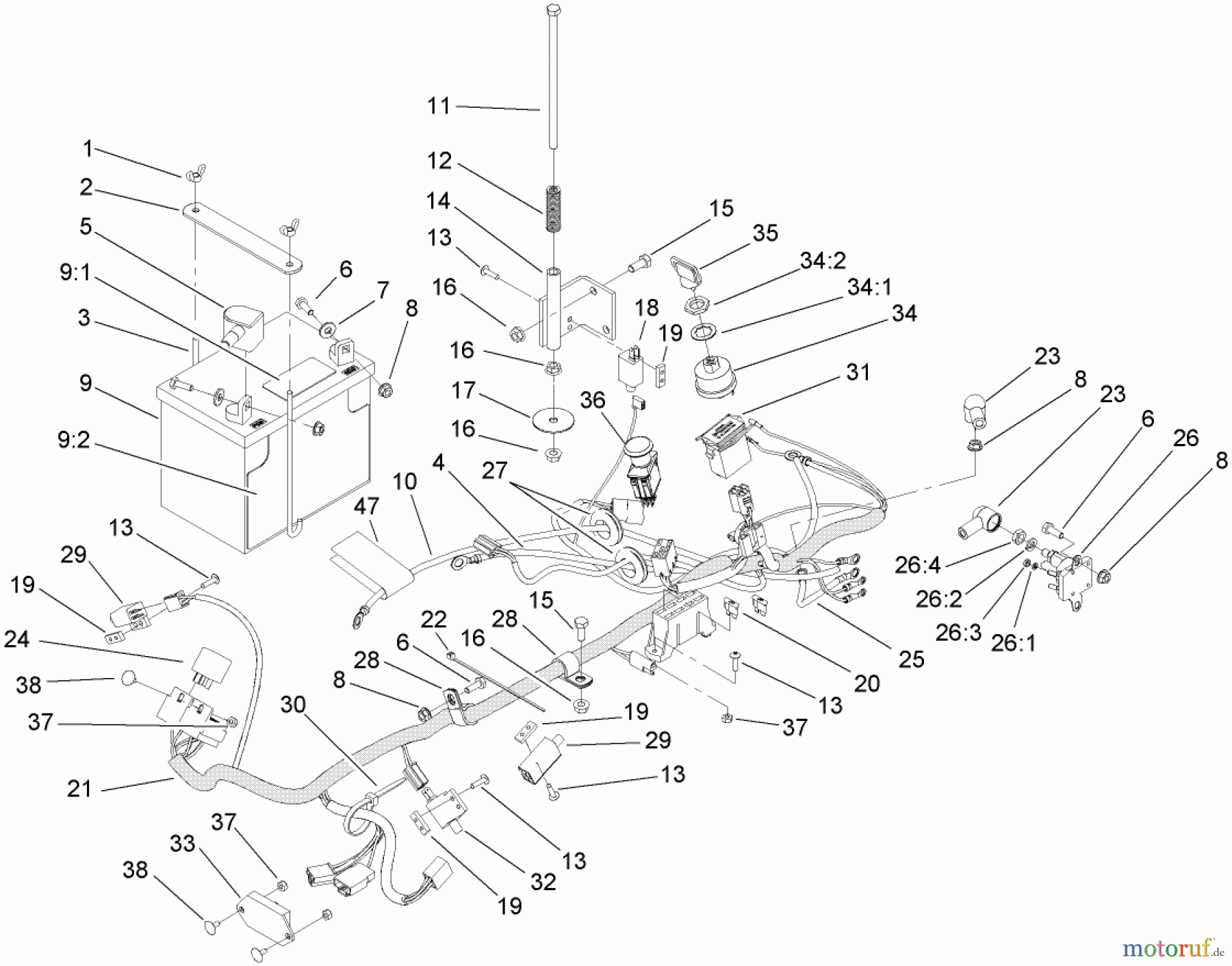  Zerto-Turn Mäher 74416TE (Z453) - Toro Z Master Mower, 132cm TURBO FORCE Side Discharge Deck (SN: 270002001 - 270999999) (2007) ELECTRICAL SYSTEM ASSEMBLY