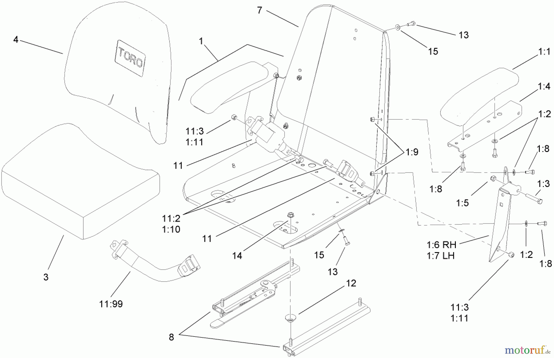  Zerto-Turn Mäher 74416TE (Z453) - Toro Z Master Mower, 132cm TURBO FORCE Side Discharge Deck (SN: 270002001 - 270999999) (2007) SEAT AND BRACKET ASSEMBLY NO. 110-0446