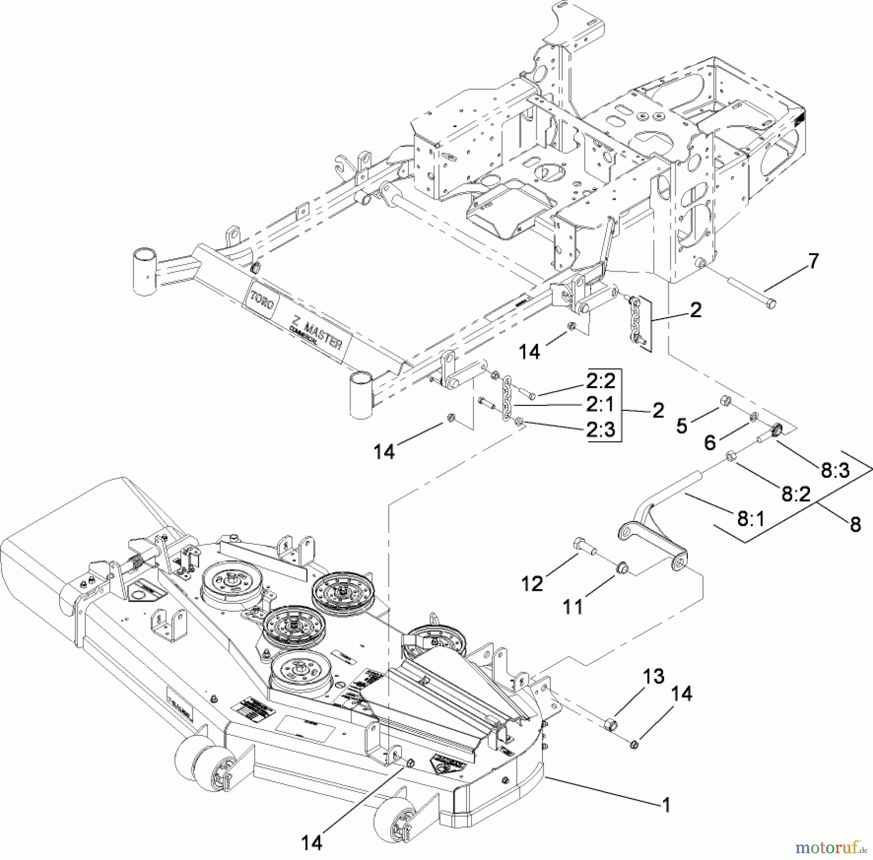  Zerto-Turn Mäher 74421TE (Z450) - Toro Z Master Mower, 122cm TURBO FORCE Side Discharge Deck (SN: 280000001 - 280999999) (2008) DECK CONNECTION ASSEMBLY