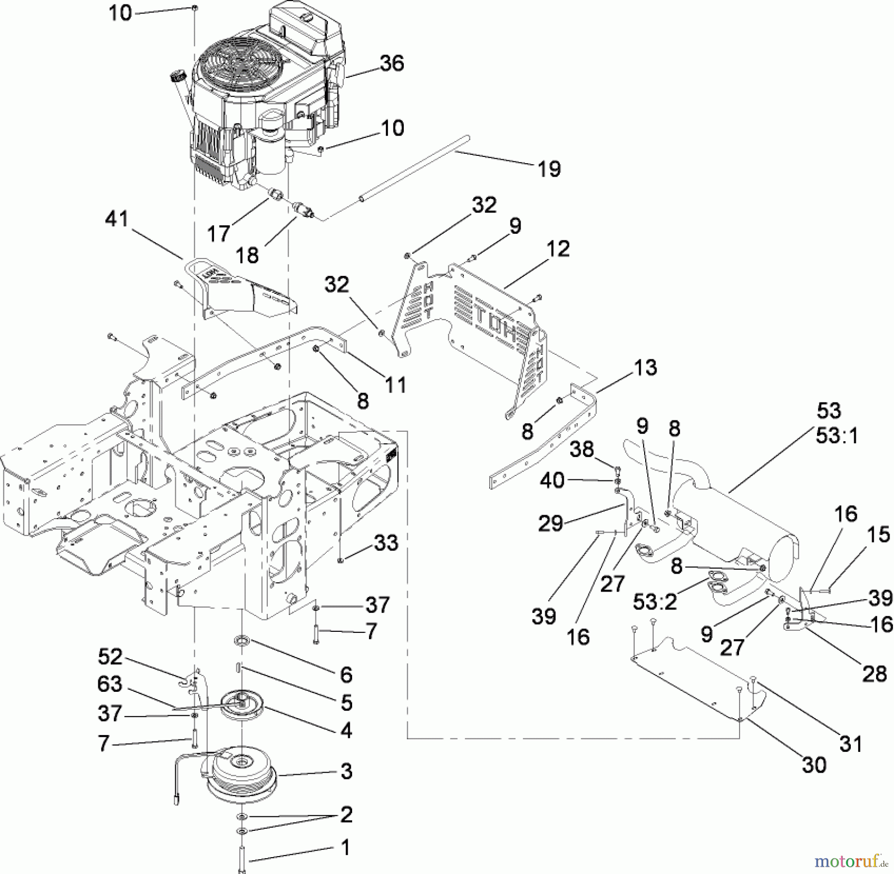  Zerto-Turn Mäher 74421TE (Z450) - Toro Z Master Mower, 122cm TURBO FORCE Side Discharge Deck (SN: 280000001 - 280999999) (2008) ENGINE, CLUTCH AND MUFFLER ASSEMBLY