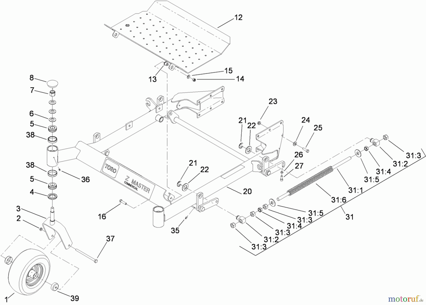  Zerto-Turn Mäher 74450TE (Z400) - Toro Z Master Mower, 122cm TURBO FORCE Side Discharge Deck (SN: 290000001 - 290999999) (2009) FRONT FRAME AND CASTER WHEEL ASSEMBLY