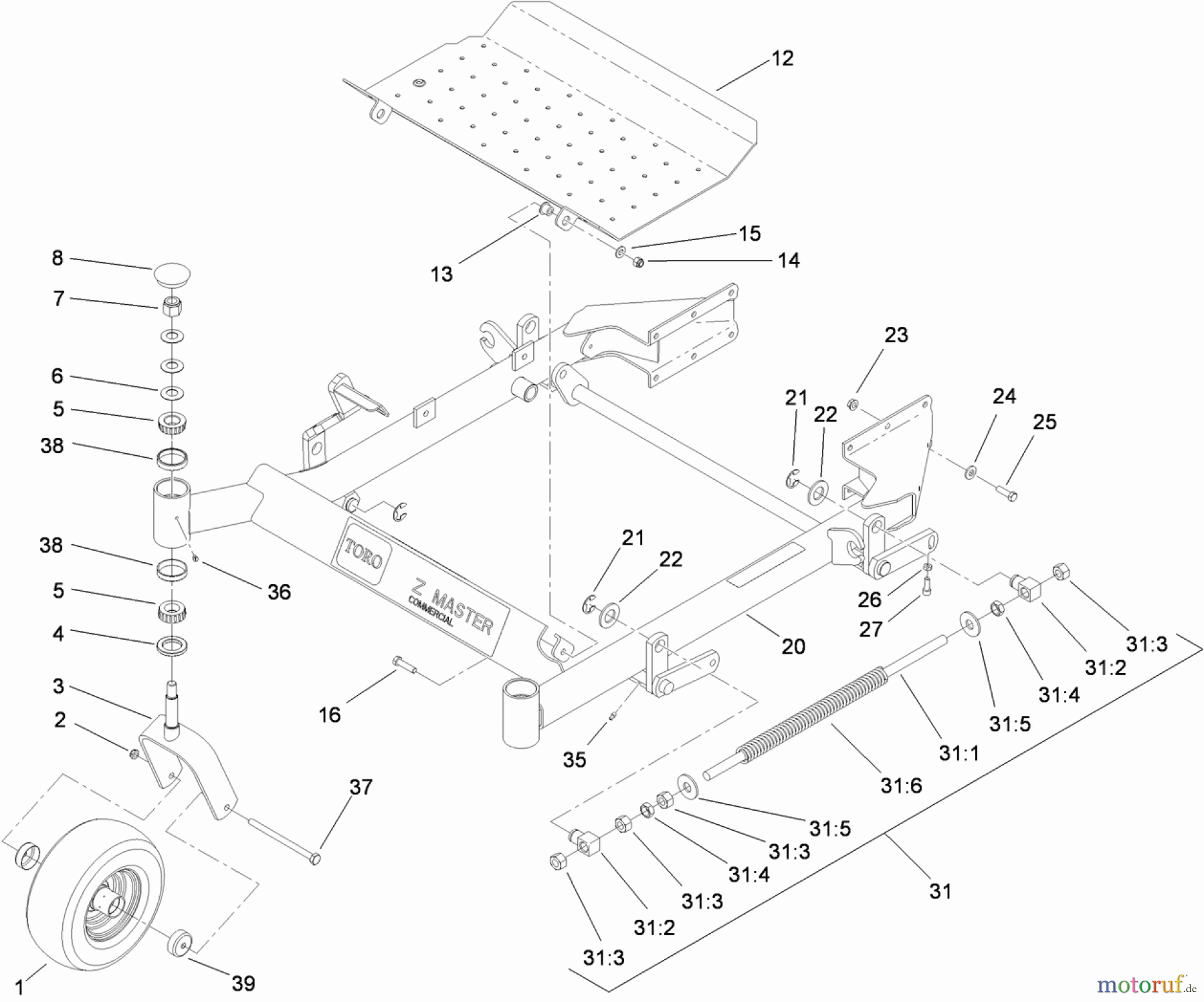  Zerto-Turn Mäher 74450TE (Z400) - Toro Z Master Mower, 122cm TURBO FORCE Side Discharge Deck (SN: 310000001 - 310999999) (2010) FRONT FRAME AND CASTER WHEEL ASSEMBLY