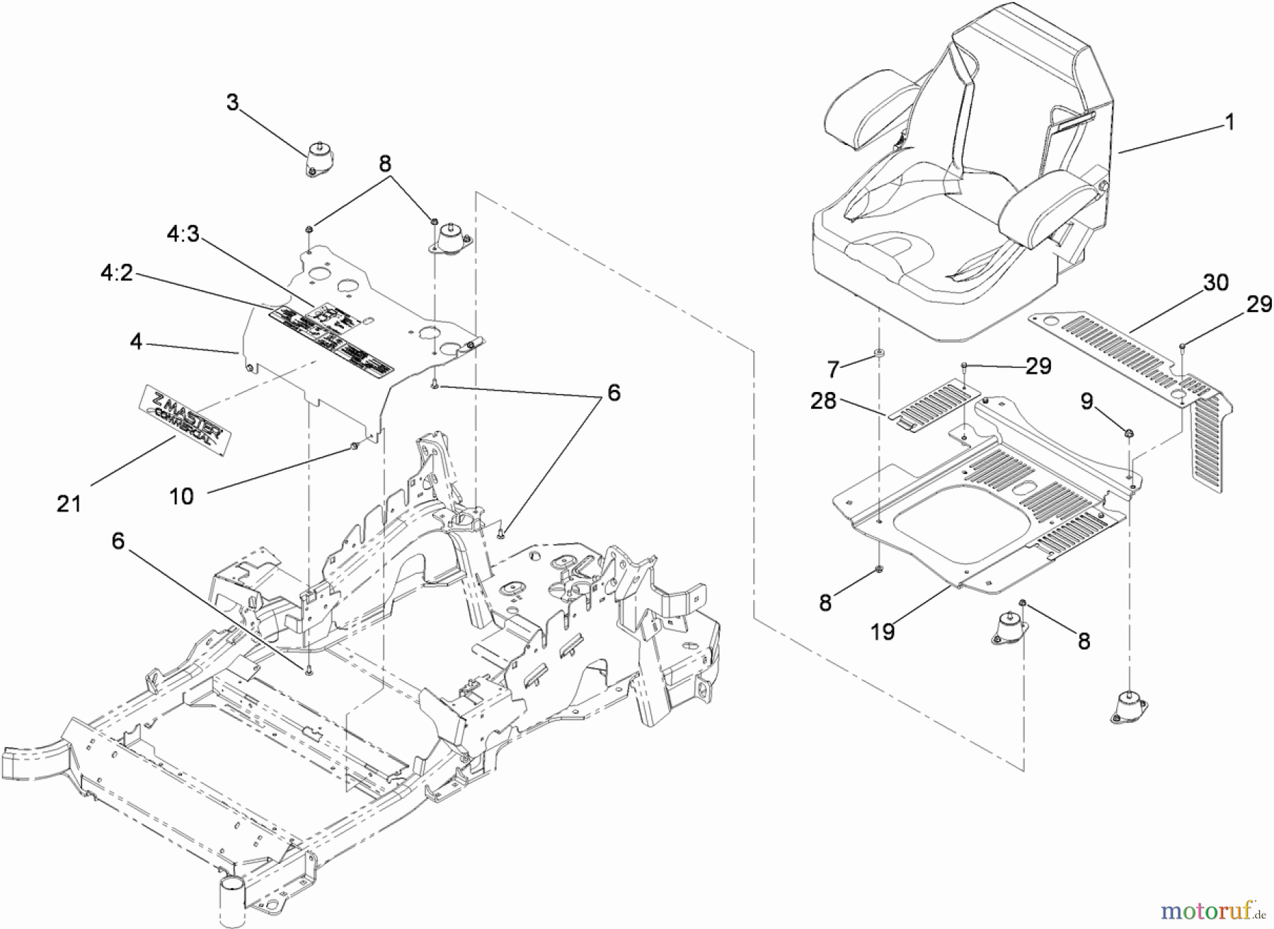  Zerto-Turn Mäher 74923TE - Toro Z Master G3 Riding Mower, 132cm TURBO FORCE Side Discharge Deck (SN: 290000001 - 290999999) (2009) SEAT MOUNT ASSEMBLY