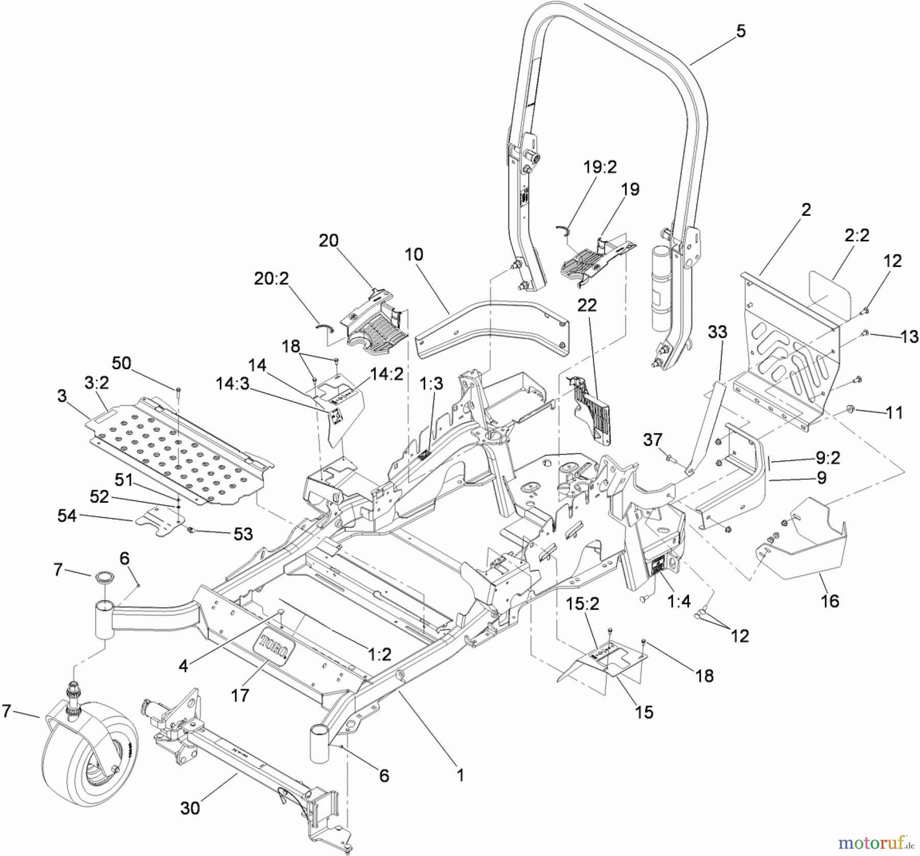  Zerto-Turn Mäher 74923TE - Toro Z Master G3 Riding Mower, 132cm TURBO FORCE Side Discharge Deck (SN: 310000001 - 310999999) (2010) FRONT FRAME AND CASTER WHEEL ASSEMBLY