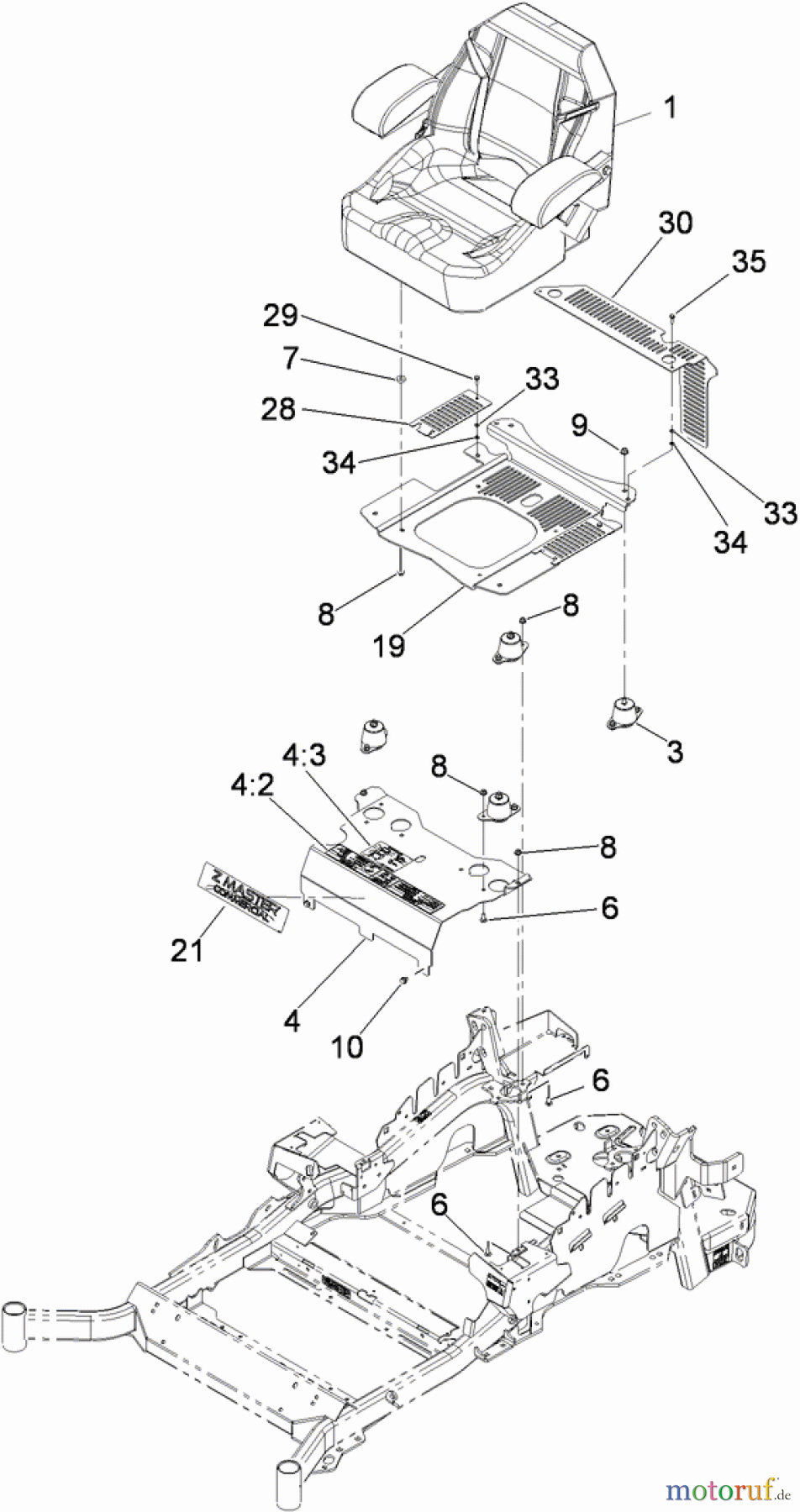  Zerto-Turn Mäher 74923TE - Toro Z Master G3 Riding Mower, 132cm TURBO FORCE Side Discharge Deck (SN: 310000001 - 310999999) (2010) SEATING MOUNTING ASSEMBLY