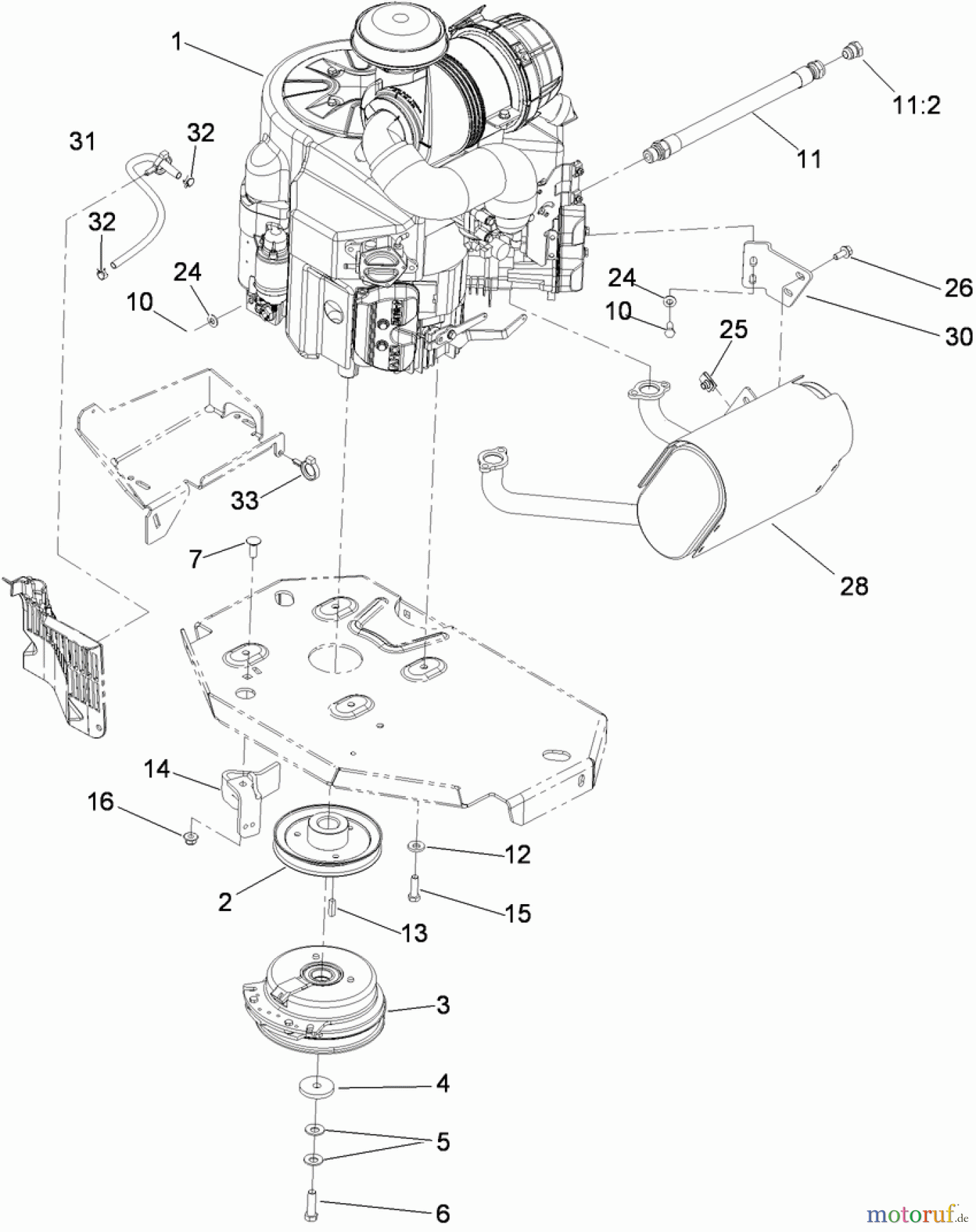  Zerto-Turn Mäher 74925TE - Toro Z Master G3 Riding Mower, 152cm TURBO FORCE Side Discharge Deck (SN: 310000001 - 310999999) (2010) ENGINE, CLUTCH AND MUFFLER ASSEMBLY